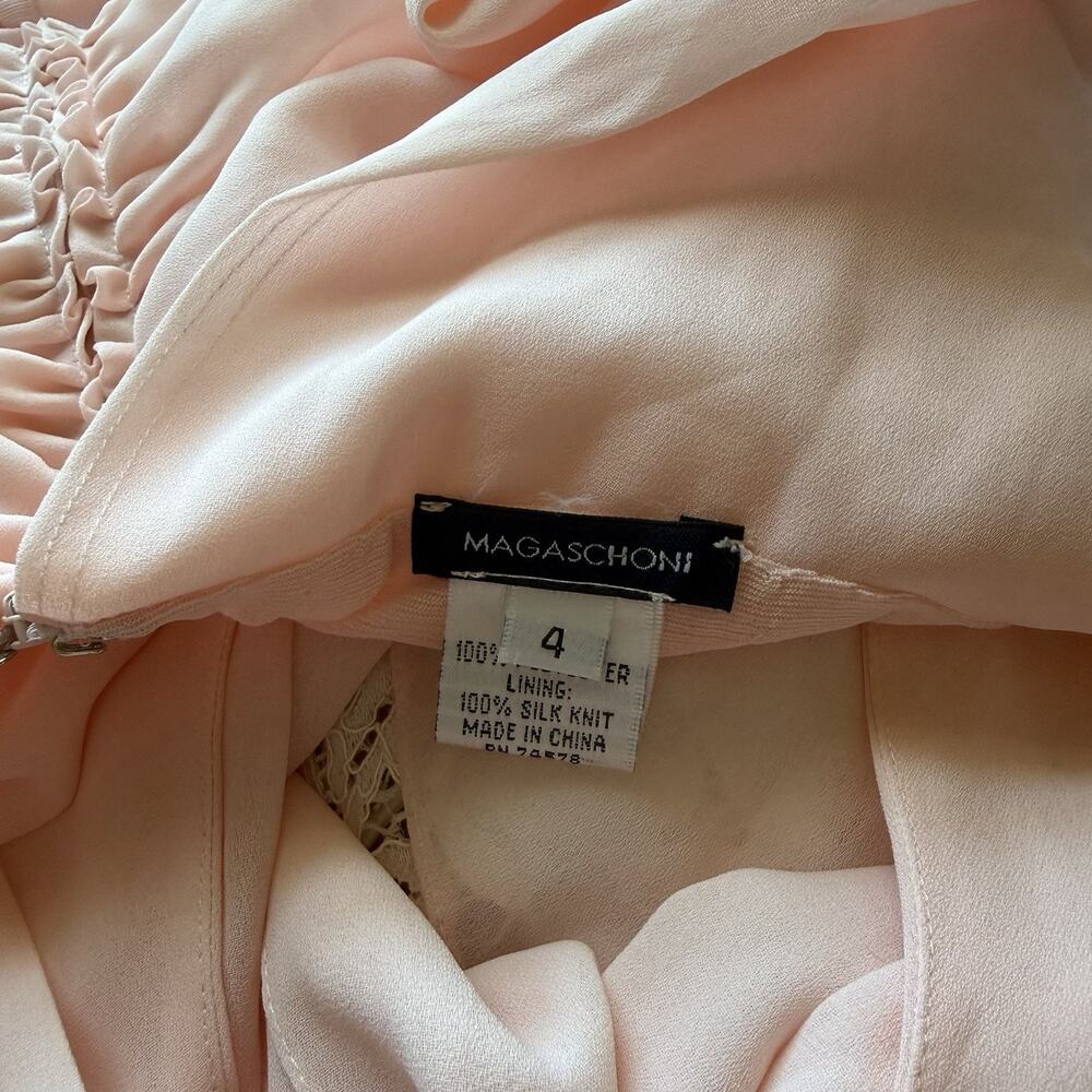 Magaschoni Womens Size 4 Blouse Light Pink Vneck Ruched Tie Shoulder Top Elegant - Picture 2 of 9
